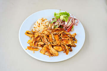 Lavash zurna doner kebab ( zurna  durum )  or shawarma sliced in plate isolated.  hatay usulu tavuk Et doner durum. Gobit ekmek arasi doner. Pilavustu iskender doner kebap. 