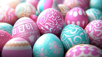 Naklejka premium Colorful Easter Eggs with Ornate Patterns and Designs Arranged in a Pile for Celebration.