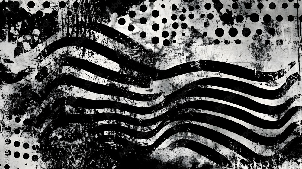 Poster Grunge Abstract Monochrome Textured Background with Distressed Geometric Patterns and Fluid Organic Elements