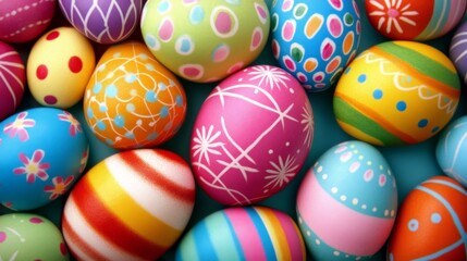Fototapeta premium Colorful Easter Eggs with Patterns on a Blue Surface Festive Holiday Decorations.