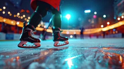 Low angle view of a child in red skating on an illuminated ice rink at night, capturing the joy of winter fun. ice skates, skating, ice rink