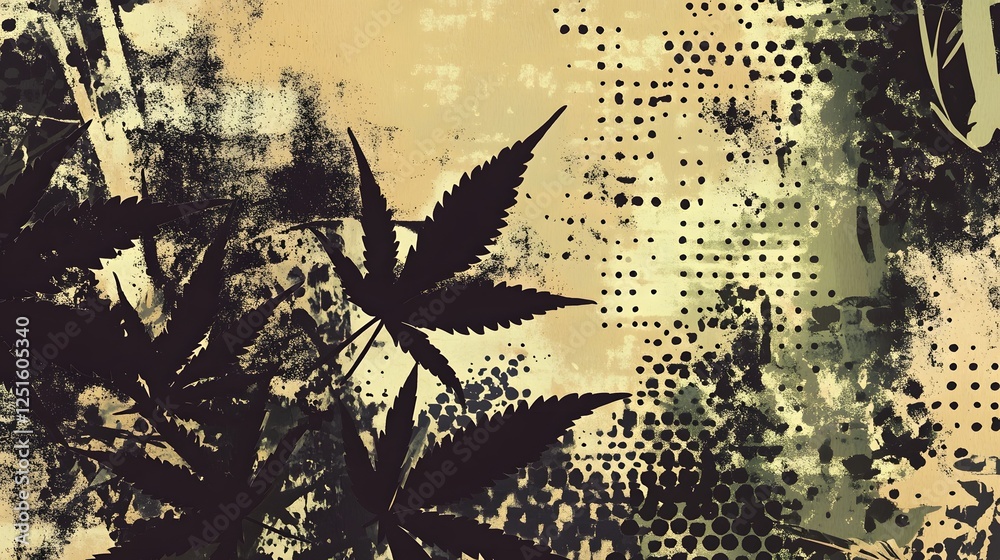 Aufkleber grunge silhouette of cannabis leaves in psychedelic digital pattern on abstract textured background