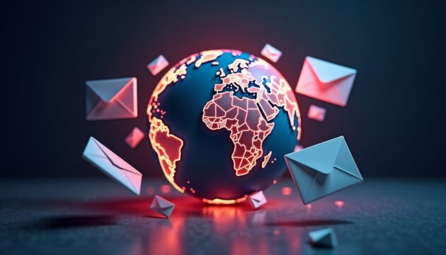Artistic global depiction featuring a glowing illustration of a globe surrounded by floating letters and envelopes, representing international pen pals against a dark gradient background with vibrant 