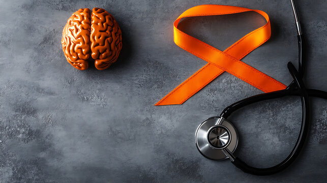 Awareness ribbon, brain, and stethoscope: Promoting brain health and awareness. A top-down view of an orange awareness ribbon, a model of a brain, and a stethoscope on a gray textured surface.