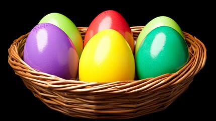 Naklejka premium Colorful Eggs in a Woven Basket Bright Easter Celebration Ready for Egg Hunt Festive Decor.