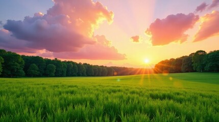 Obraz premium Serene Sunset over Verdant Meadow with Silhouetted Trees