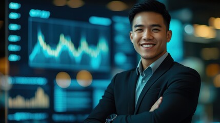 Confident businessman at night office with financial data display. Use for success, business, or career concept