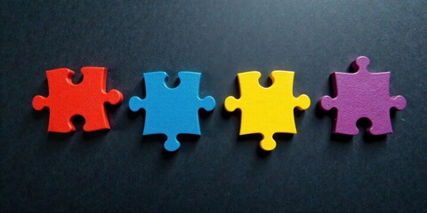 Fototapeta premium Colorful Jigsaw Puzzle Pieces Arranged in a Row on Dark Surface Representing Teamwork and Collaboration