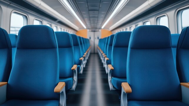 Modern train interior with empty blue seats and sleek design creating a sense of spaciousness and comfort