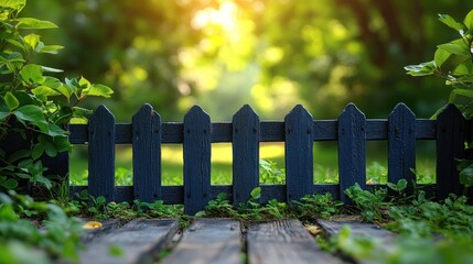 Naklejka premium Wooden fence, garden backdrop, sunlight, product photography