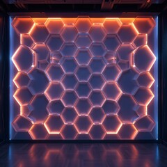 Immersive futuristic hexagonal glowing wall with dynamic lighting and abstract design