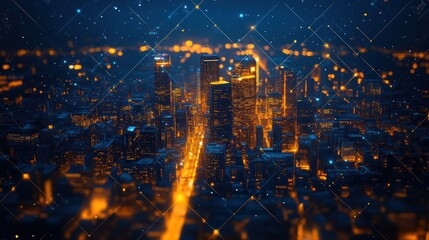 Obraz premium Night city, digital network, cityscape, glowing, connections, futuristic, urban, technology, illustration, data