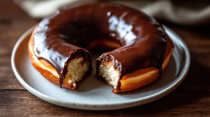 delicious chocolate glazed doughnut cut in half, revealing its soft interior