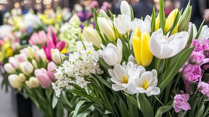 Fototapeta premium Colorful Floral Arrangement with White and Yellow Tulips and Other Flowers in Market Stand.