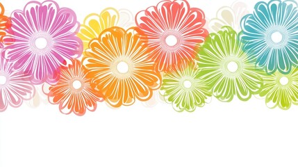Colorful Floral Pattern with Simple Flower Shapes on White Background with Overlapping Petals.
