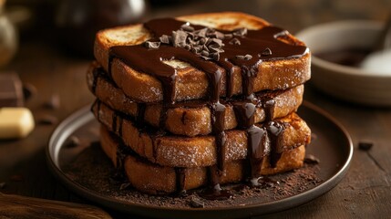 A beautifully arranged stack of toast with warm chocolate sauce cascading down, highlighting a delightful indulgence.