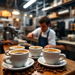 High-fidelity coffee tasting session in a factory setting, showcasing vibrant details and rich textures