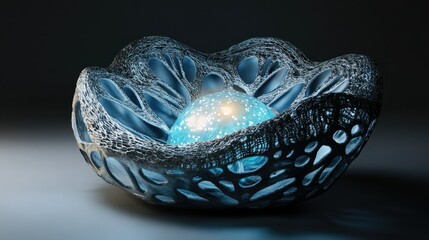 Fototapeta premium A beautifully detailed 3D representation of a cell, showcasing its internal glowing nucleus and biological complexity.