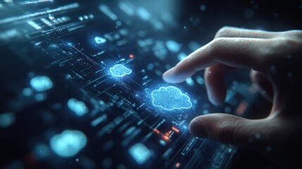 Hand selecting cloud data on futuristic screen