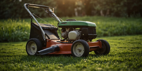Fototapeta premium Focus on the front wheel.Lawn mower on green grass at sunset, creating a warm and vibrant outdoor scene. Ideal for gardening and landscaping themes.