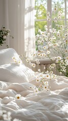 Serene morning light illuminating white daisies on a cozy bed creating a peaceful ambiance
