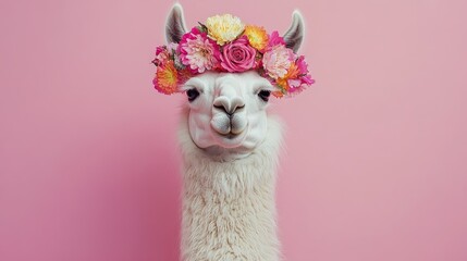 Fototapeta premium A beautifully styled llama with a vibrant floral crown, standing gracefully against a warm pink backdrop.