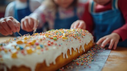 close up of group of kids decorating cake with frosting with Christmas background