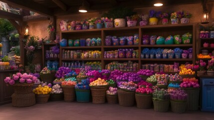 Colorful Flowers Shop With Baskets and Shelves Full of Blooms and Potted Plants in Display.