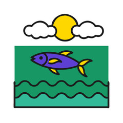 Colorful fish swimming in abstract ocean against sunny sky