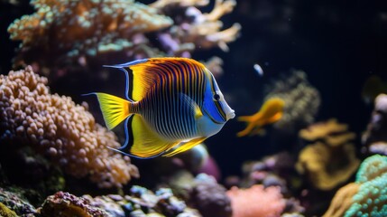 Obraz premium A peaceful deep-sea landscape where vibrant fish, from shimmering angelfish to striped parrotfish, swim in perfect harmony among colorful corals