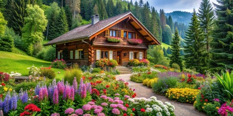 Obraz premium A serene Alpine style house nestled among vibrant flowers and lush greenery in a dense forest surroundings, peaceful, rustic