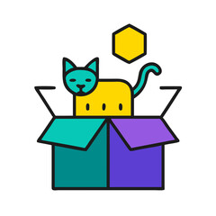 Cat exploring a colorful box with geometric shapes