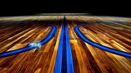 Empty basketball court hardwood floor, dark background, perspective view, possible use for sports articles