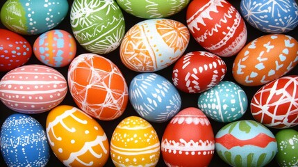 Fototapeta premium Colorful Hand Decorated Easter Eggs Arranged on a Dark Background Ready For Celebration.