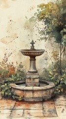 Watercolor depicts a stone fountain in a lush garden