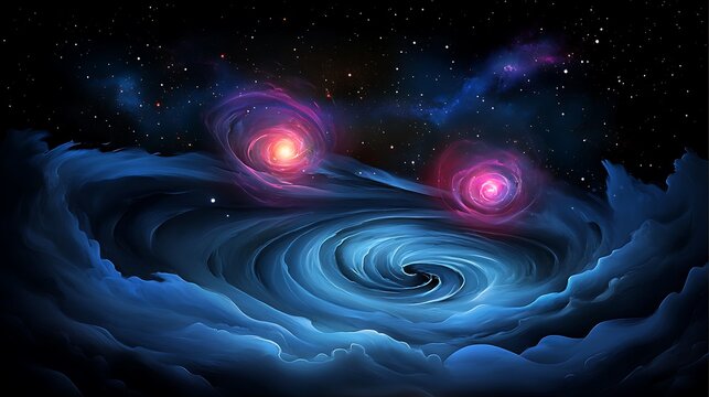 Cosmic Dance: Digital Painting of Binary Stars Orbiting a Nebula AI Generated