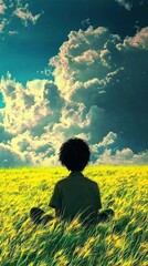 Person meditating in a field under dramatic sky.  Possible use stock photo