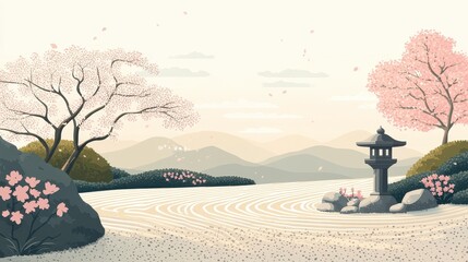 Serene japanese garden with cherry blossoms and stone lantern