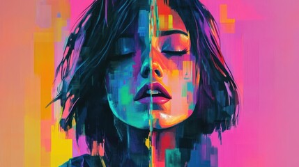 Fototapeta premium Abstract Colorful Woman Portrait, Digital Art, Pink Background, Website Banner