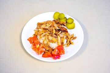 Lavash zurna doner kebab ( zurna  durum )  or shawarma sliced in plate isolated.  hatay usulu tavuk Et doner durum. Gobit ekmek arasi doner. Pilavustu iskender doner kebap. 