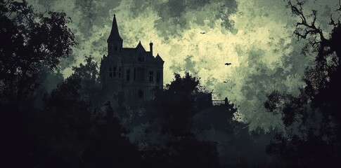 A spooky mansion is silhouetted against a cloudy night sky