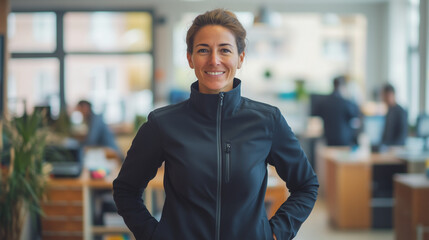 Fototapeta premium Portrait of young Hispanic professional business woman standing in office. Happy female company executive, smiling businesswoman entrepreneur corporate leader manager looking at camera 