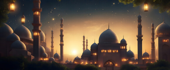 Naklejka premium Eid Mubarak Muslim art greetings with golden mosque and brown background wallpaper. abstract vector illustration design.