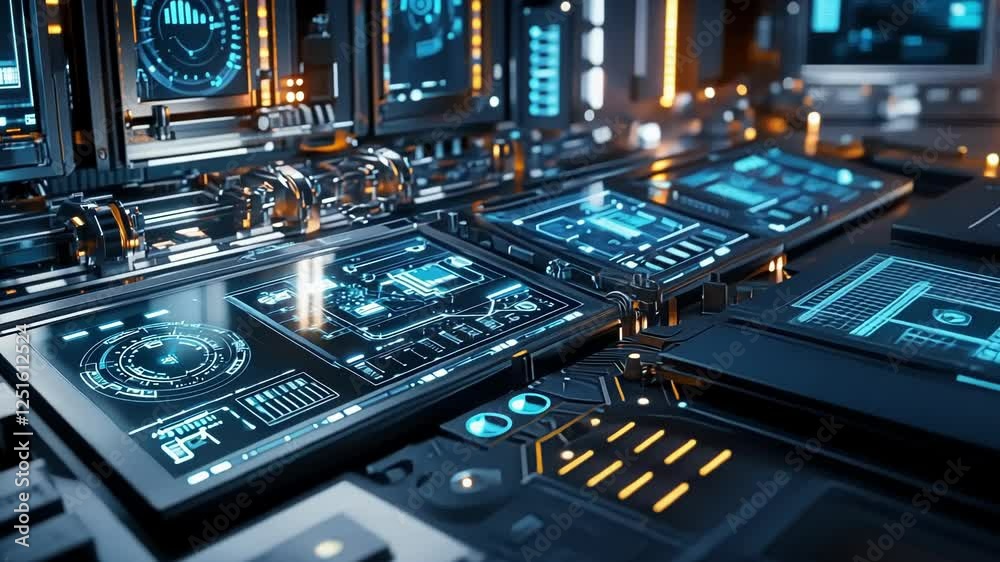 Poster futuristic control panel featuring complex data analysis and processing on multiple digital screens,