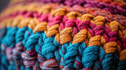 A close-up of a woven basket with beautifully knitted fabrics in bright hues, creating a warm and inviting aesthetic.