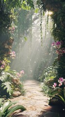 Obraz premium Sunlit Path Through Lush Tropical Garden With Orchids