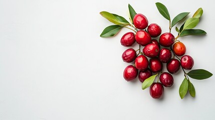 A cluster of fresh red dates with green leaves, neatly placed on a white surface for a minimalistic and clean look.