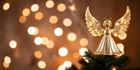 Fototapeta premium a Christmas tree topper shaped like an angel, glowing softly under dramatic light, with blurred warm bokeh lights enhancing the ethereal mood