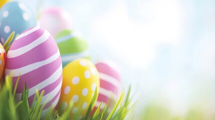 Fototapeta premium Colorful Painted Easter Eggs Resting in Green Grass with a Light Sky Background on a Spring Day.
