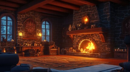 Obraz premium A cozy living space featuring two grand stone fireplaces, each glowing warmly with crackling flames.